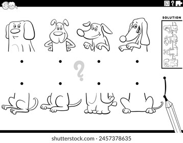 cartoon illustration of educational activity of matching halves of pictures with funny dogs animal characters coloring page