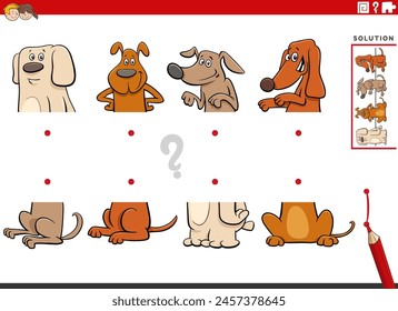 Ilustración de dibujos animados de la actividad educativa de igualar mitades de imágenes con personajes animales de perros divertidos
