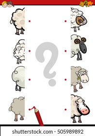 Cartoon Illustration of Educational Activity of Matching Halves with Sheep Farm Animal Characters