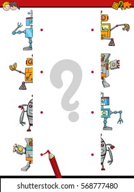 Cartoon Illustration of Educational Activity of Matching Halves with Robot Characters