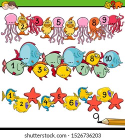 Cartoon Illustration of Educational Activity for Preschool Children with Count to Ten Worksheet