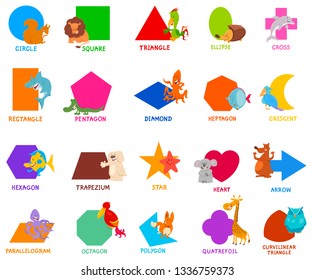 Cartoon Illustration of Educational Basic Geometric Shapes for Preschool or Elementary School Children with Cute Animal Characters