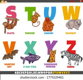 Cartoon Illustration of Educational Colorful Alphabet Set from Letter S to Z with Comic Animal Characters