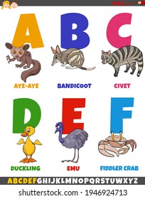 Cartoon illustration of educational colorful alphabet set from letter A to F with funny animal characters