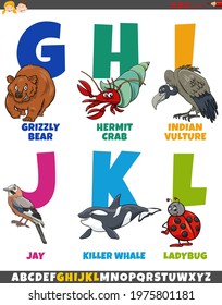 Cartoon illustration of educational colorful alphabet set from letter G to L with comic animal characters