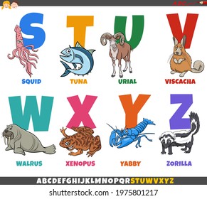 Cartoon illustration of educational colorful alphabet set from letter S to Z with comic animal characters