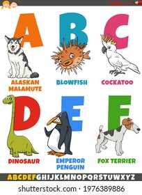Cartoon illustration of educational colorful alphabet set from letter A to F with animal characters