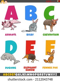 Cartoon illustration of educational colorful alphabet set from letter A to F with funny animal characters