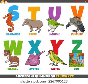 Cartoon illustration of educational colorful alphabet set from letter S to Z with funny animal characters