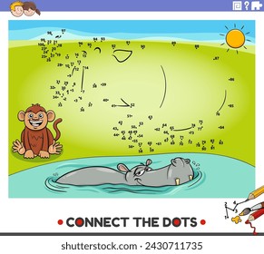 Cartoon illustration of educational connect the dots activity with hippopotamus and monkey animal characters