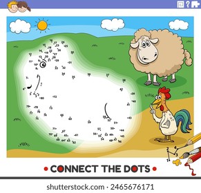 Cartoon illustration of educational connect the dots activity with farm animal characters