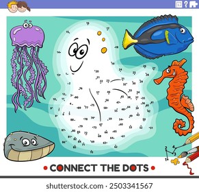 Cartoon illustration of educational connect the dots activity game with marine animal characters