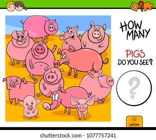 Cartoon Illustration of Educational Counting Activity Game for Children with Pigs Farm Animal Characters