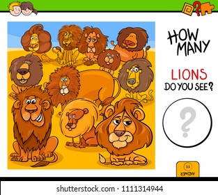 Cartoon Illustration of Educational Counting Activity Game for Children with Lions Animal Characters