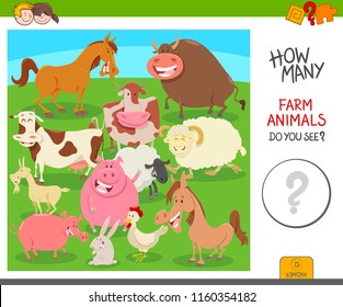 Cartoon Illustration of Educational Counting Activity Game for Kids with Farm Animal Characters