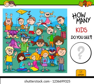 Cartoon Illustration of Educational Counting Activity Task with Kid Characters