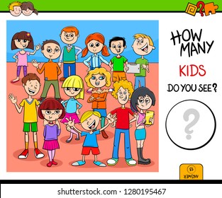 Cartoon Illustration of Educational Counting Activity Game with Children and Teen Characters