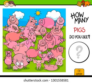 Cartoon Illustration of Educational Counting Activity Game with Pigs Farm Animal Characters