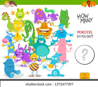 Cartoon Illustration of Educational Counting Activity Game for Children with Funny Monsters Fantasy Characters
