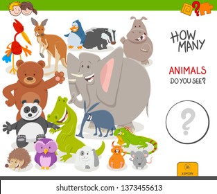 Cartoon Illustration of Educational Counting Activity Game for Children with Wild Animal Characters