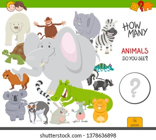 Cartoon Illustration of Educational Counting Activity Game for Children with Funny Wild Animal Characters