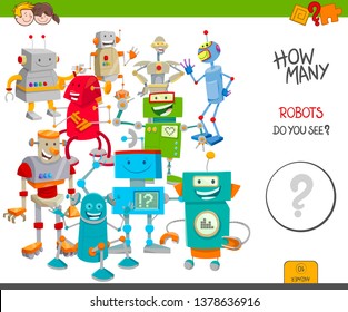 Cartoon Illustration of Educational Counting Activity Game for Children with Many Funny Robots and Droids Characters