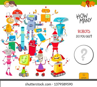 Cartoon Illustration of Educational Counting Activity Game for Children with Funny Robot Fantasy Characters
