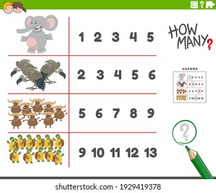 Cartoon illustration of educational counting activity for children with funny animal characters