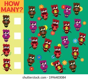 Cartoon Illustration of Educational Counting Activity Game for Children with Bird Characters.