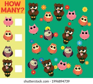 Ilustración de caricatura de juego de actividades de recuento educativo para niños con personajes de pájaro.