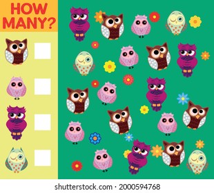 Cartoon Illustration of Educational Counting Activity Game for Children with Bird Characters.