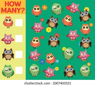 Cartoon Illustration of Educational Counting Activity Game for Children with Bird Characters.