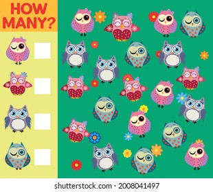 Cartoon Illustration of Educational Counting Activity Game for Children with Bird Characters.