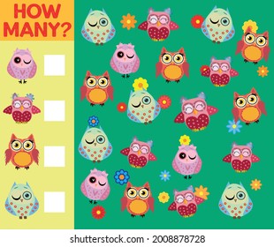 Cartoon Illustration of Educational Counting Activity Game for Children with Bird Characters.