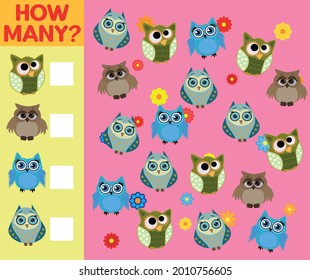 Cartoon Illustration of Educational Counting Activity Game for Children with Bird Characters.