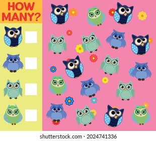 Cartoon Illustration of Educational Counting Activity Game for Children with Bird Characters.