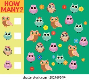 Cartoon Illustration of Educational Counting Activity Game for Children with Bird Characters.