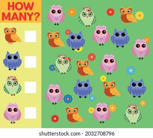 Cartoon Illustration of Educational Counting Activity Game for Children with Bird Characters.