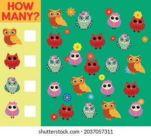 Cartoon Illustration of Educational Counting Activity Game for Children with Bird Characters.