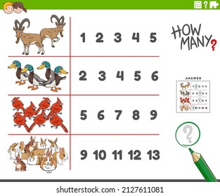 Cartoon illustration of educational counting activity for children with funny animal characters