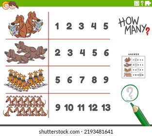 Ilustración de caricatura de la actividad de recuento educativo para niños con perros graciosos y personajes animales