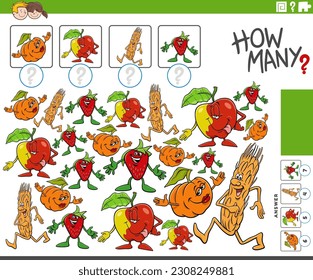 Cartoon illustration of educational counting activity with fruit and vegetable food objects