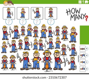 Cartoon illustration of educational counting activity with workers characters