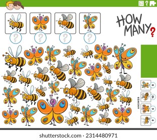 Cartoon illustration of educational counting activity with happy insects animal characters