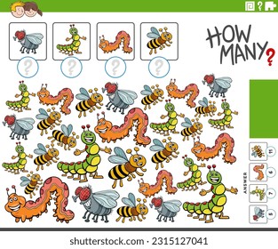 Cartoon illustration of educational counting activity with insects animal characters