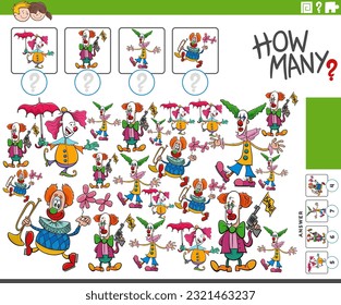 Cartoon illustration of educational counting activity with clowns characters