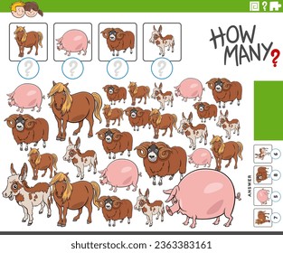 Ilustración de dibujos animados de la actividad de recuento educativo con personajes de animales de granja