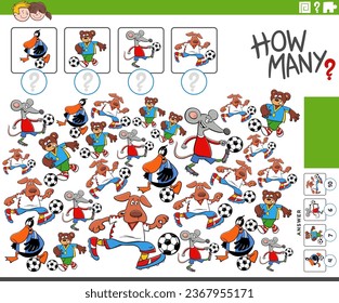 Cartoon illustration of educational counting activity with animal characters playing soccer