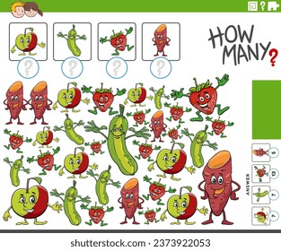 Ilustración de dibujos animados de la actividad de recuento educativo con frutas y verduras cómicas