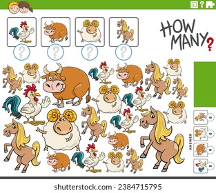 Cartoon illustration of educational counting activity with comic farm animal characters